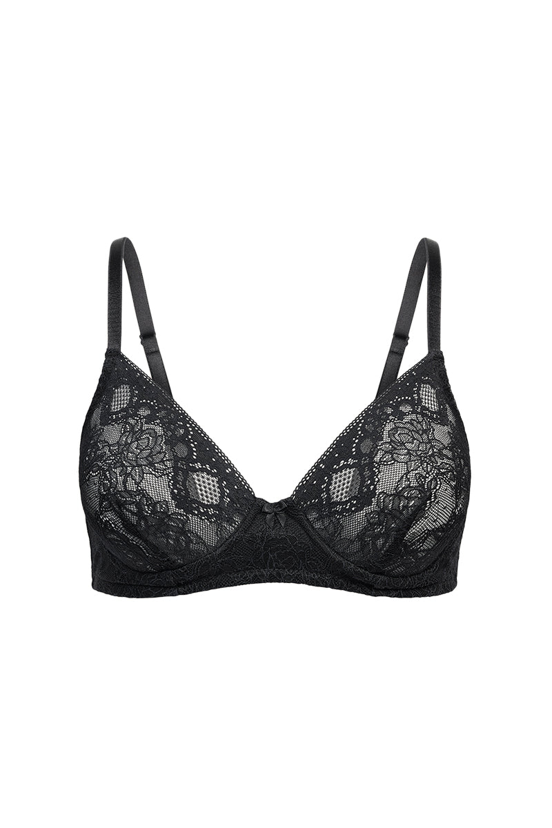Black Scarlett Gasque Lorelei bra with ghostly front design, featuring adjustable straps and delicate lace details.