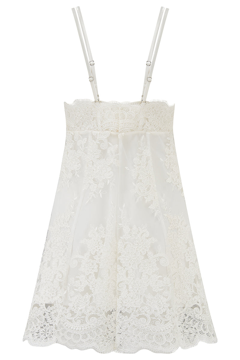 White Scarlett Gasque The Promise Dress mini dress with ghost-back design, featuring a stylish and elegant silhouette.