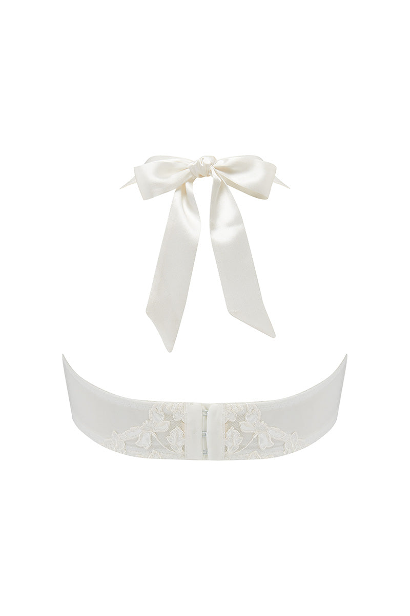 Scarlett Gasque Velma bra in white with ghost back design, showcasing the supportive, stylish lingerie detail.