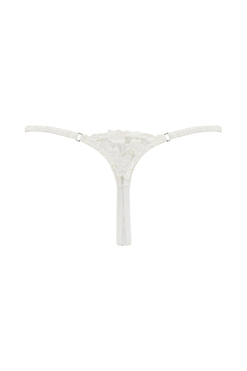 White Scarlett Gasque Velma Thong underwear with ghost-back design, featuring sleek, minimalistic style and comfortable fit.