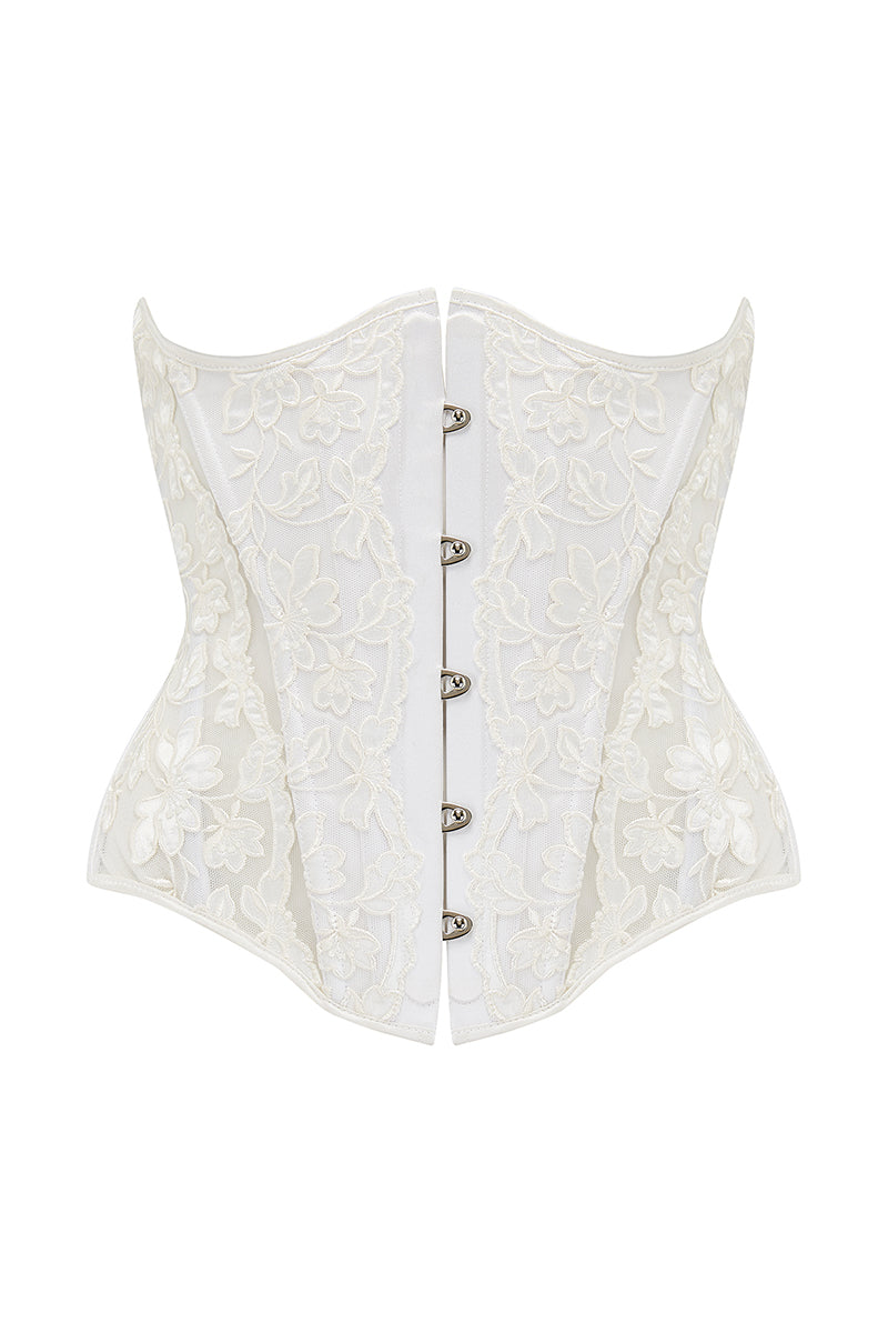 White Scarlett Gasque The Velma Waspie top with ghost-front design, featuring a stylish and fitted silhouette.