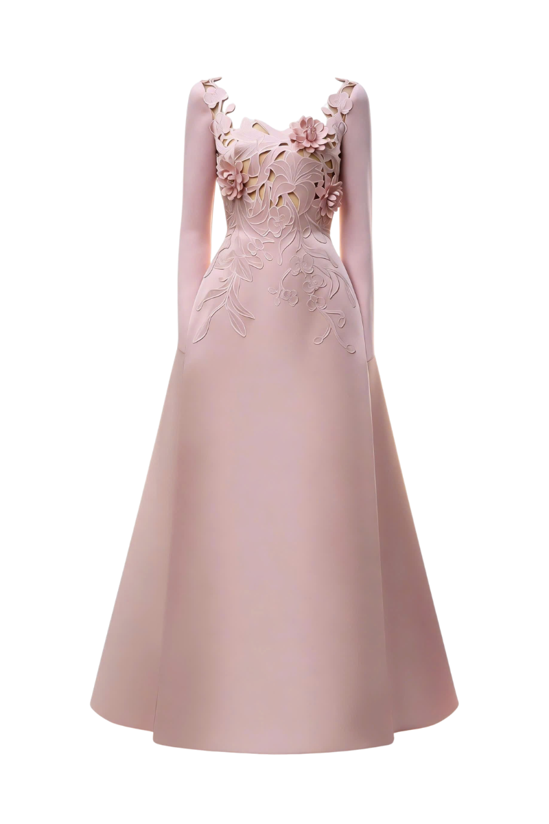 Rosee de Matin Blossom Taffeta Gown, elegant maxi dress with floral design and flowing taffeta fabric, perfect for formal occasions.