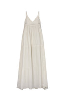 Beige Nelblu Tiempos maxi dress with flowing fabric and elegant design, shown from the back.