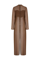 Lorena Saravia TINA blouse shown from the back, stylish shirt with a relaxed fit and detailed collar, in a neutral fabric.