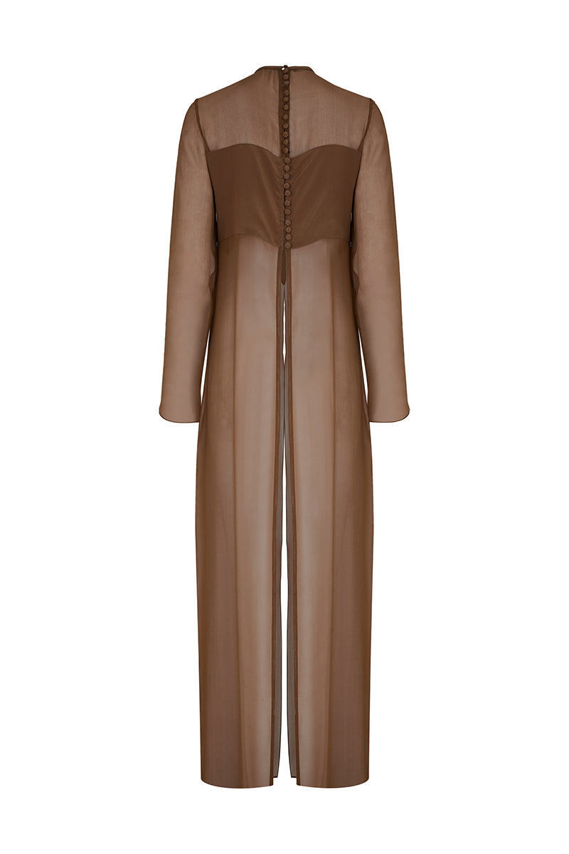 Lorena Saravia TINA blouse shown from the back, stylish shirt with a relaxed fit and detailed collar, in a neutral fabric.