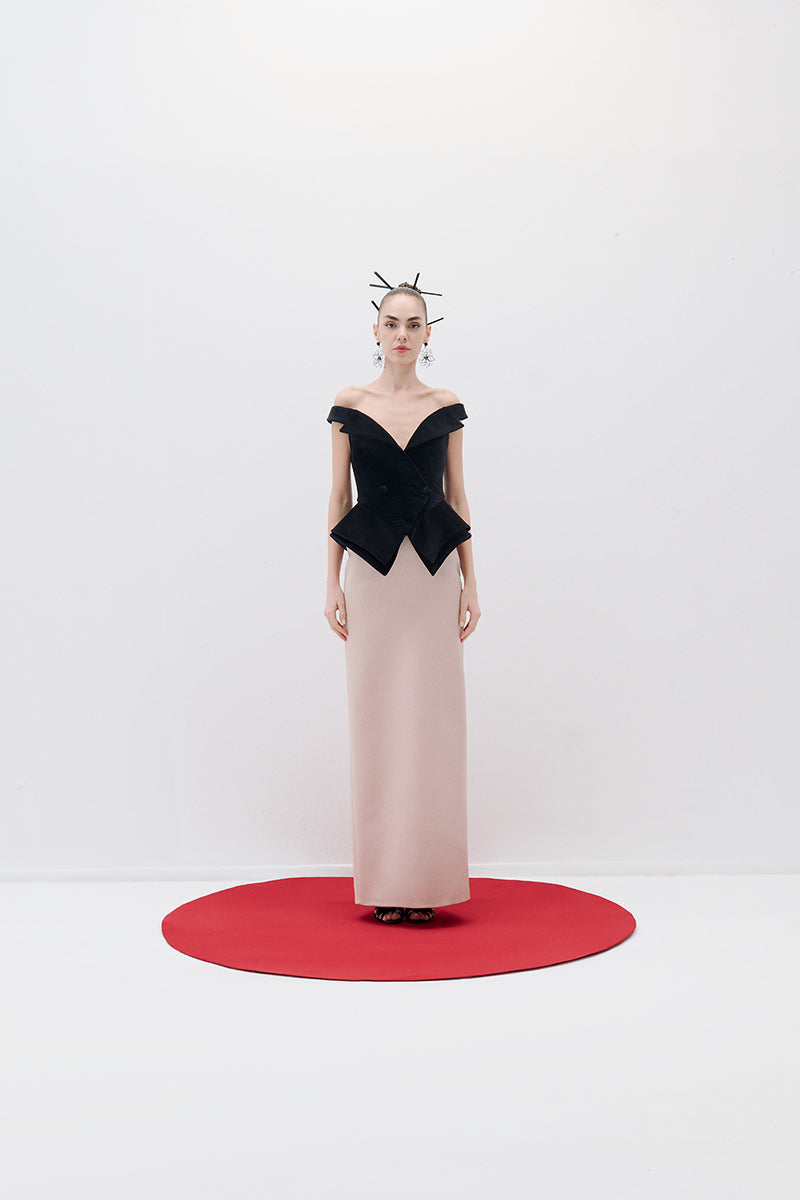 ROBE BATEAU EN VELOURS SATIN NOIR NUDE