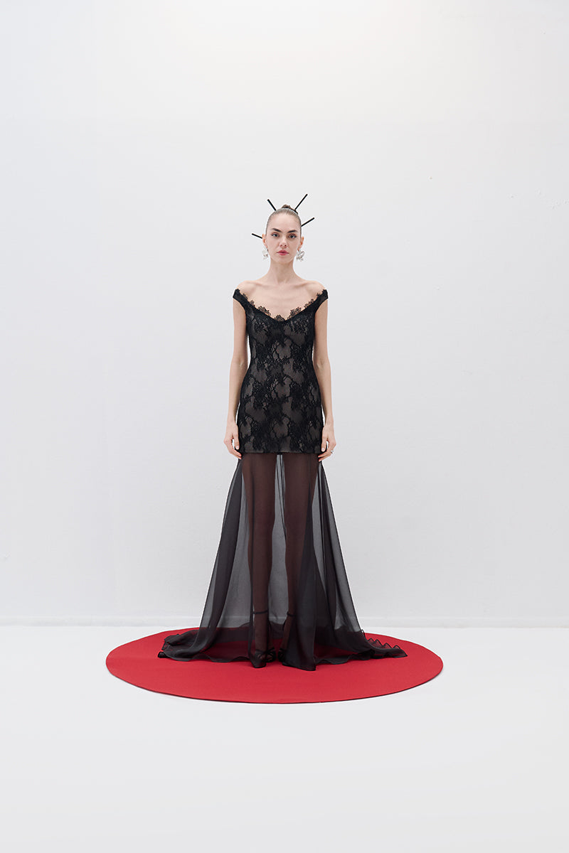 Tayfun Kaba LACE AND CHIFFON DRESS IN Black | Cult Mia Tayfun Kaba LACE AND CHIFFON DRESS IN Black | Cult Mia