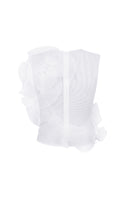 White translucent flower blouse with pleated decor by NADYA DZYAK, shown from the back, featuring flowy fabric and delicate floral details.
