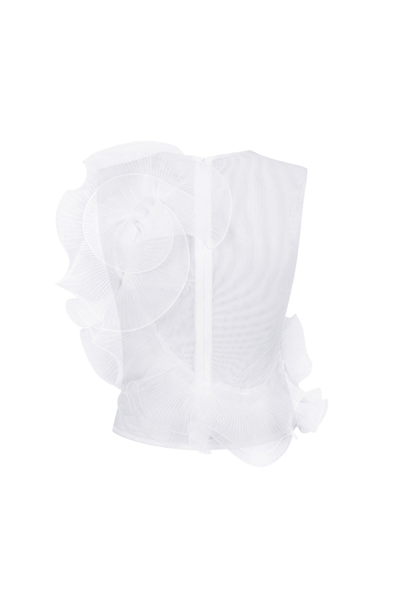 White translucent flower blouse with pleated decor by NADYA DZYAK, shown from the back, featuring flowy fabric and delicate floral details.