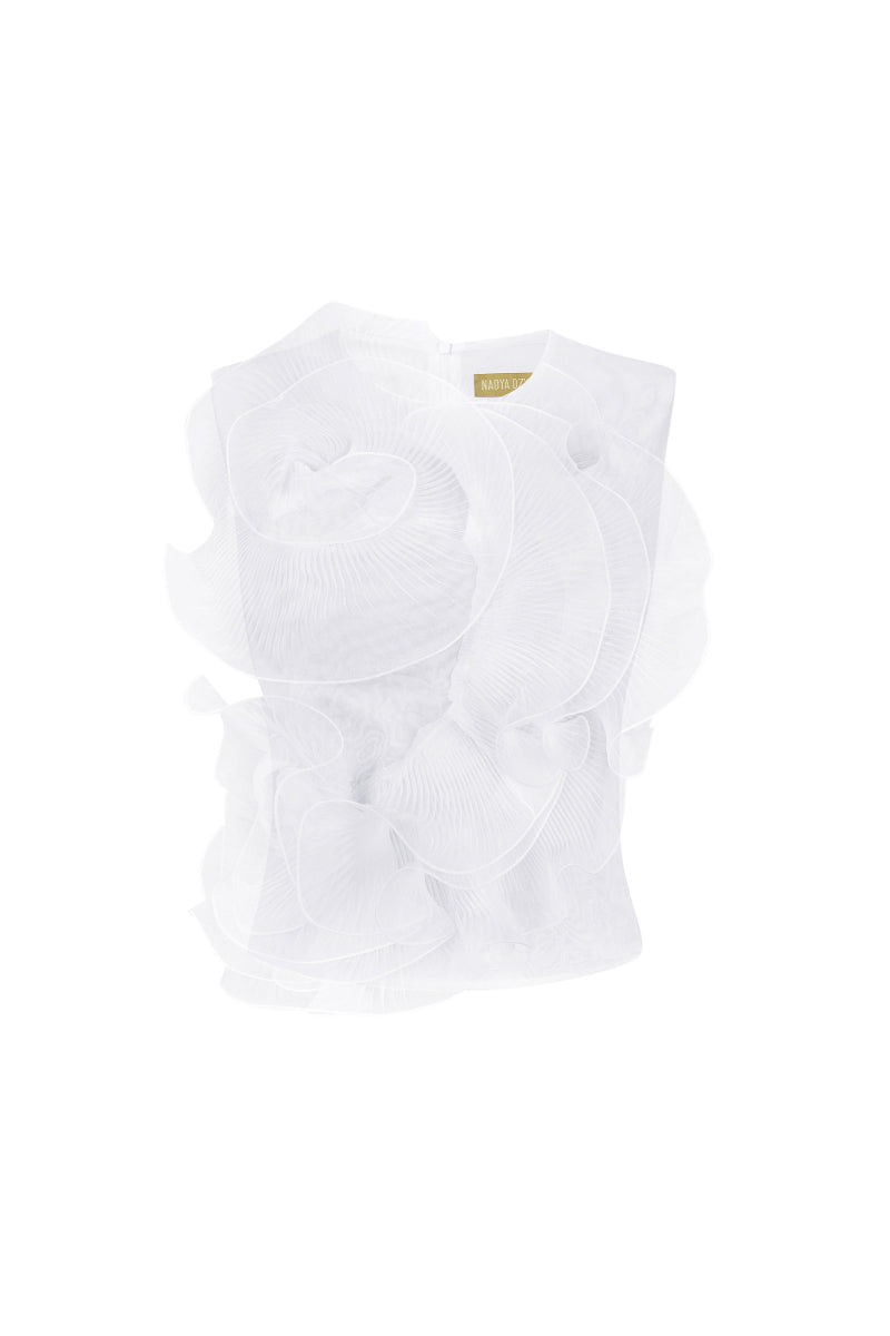 White translucent flower blouse with pleated decor by NADYA DZYAK, showing front view with delicate floral details.