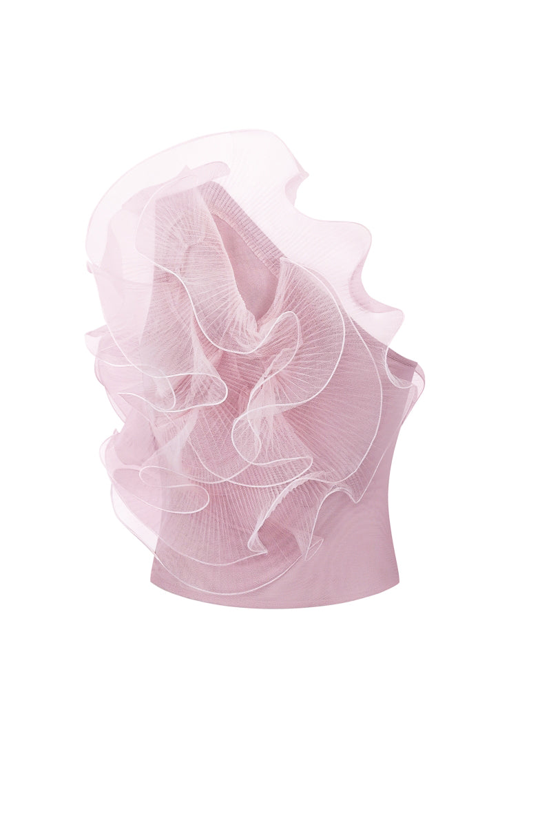 Back view of NADYA DZYAK one-shoulder pink flower blouse in taupe pink, featuring translucent fabric and floral design.