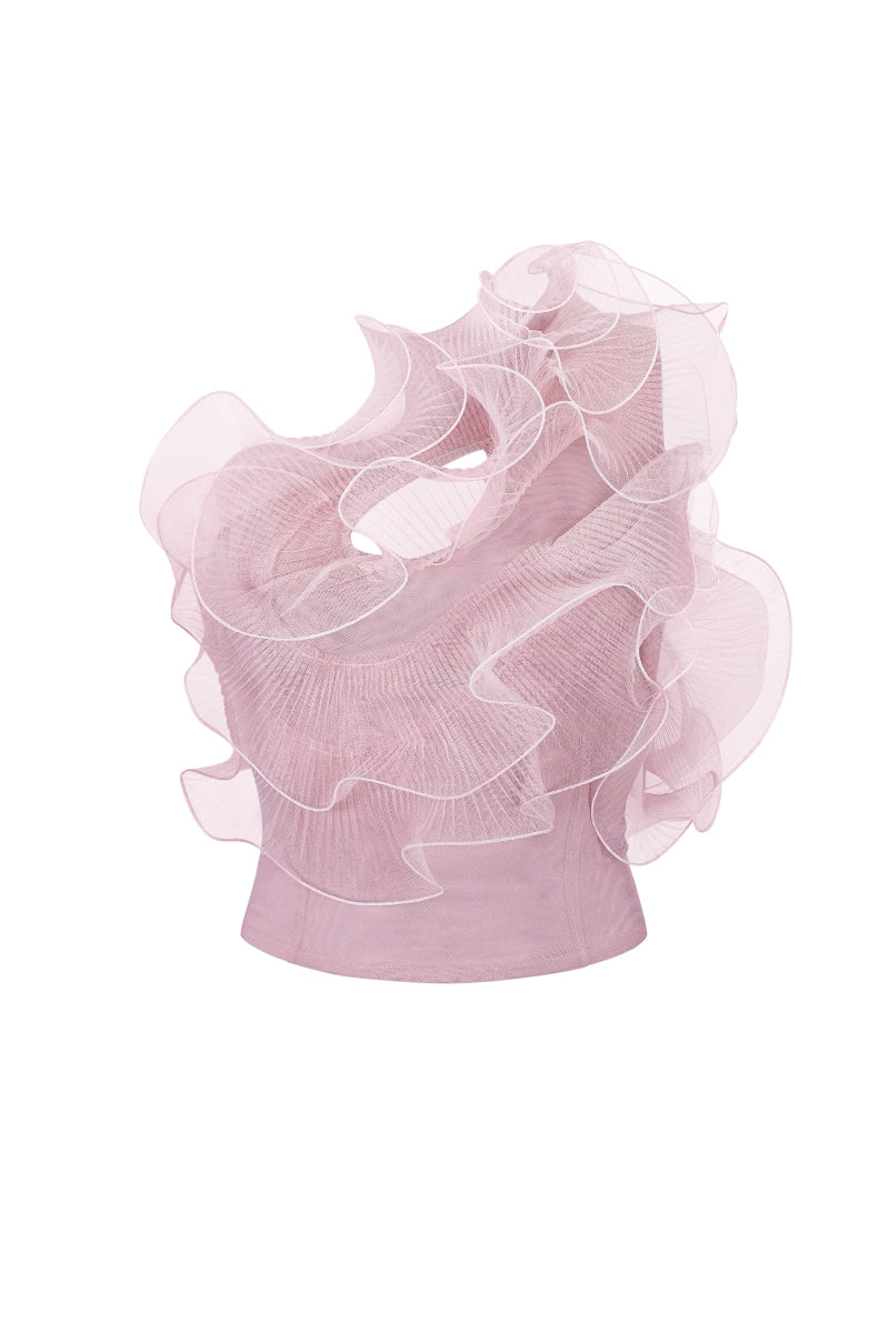 Nadya Dzyak one-shoulder translucent flower blouse in taupe pink with delicate floral pattern, front view.