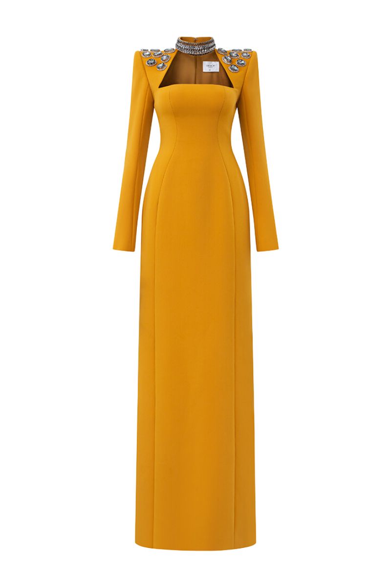 YELLOW CHOKER SHOULDER STONE EMBELLISHED GOWN - CULT MIA