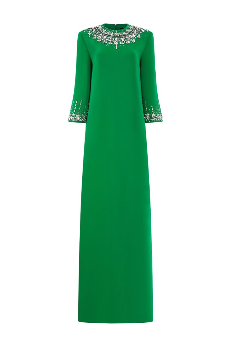GREEN MIDDLE SLEEVE STONE EMBELLISHED GOWN - CULT MIA