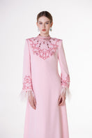 Pink long sleeve velvet satin gown by Tracy Studio, featuring a flowing design and elegant fit.