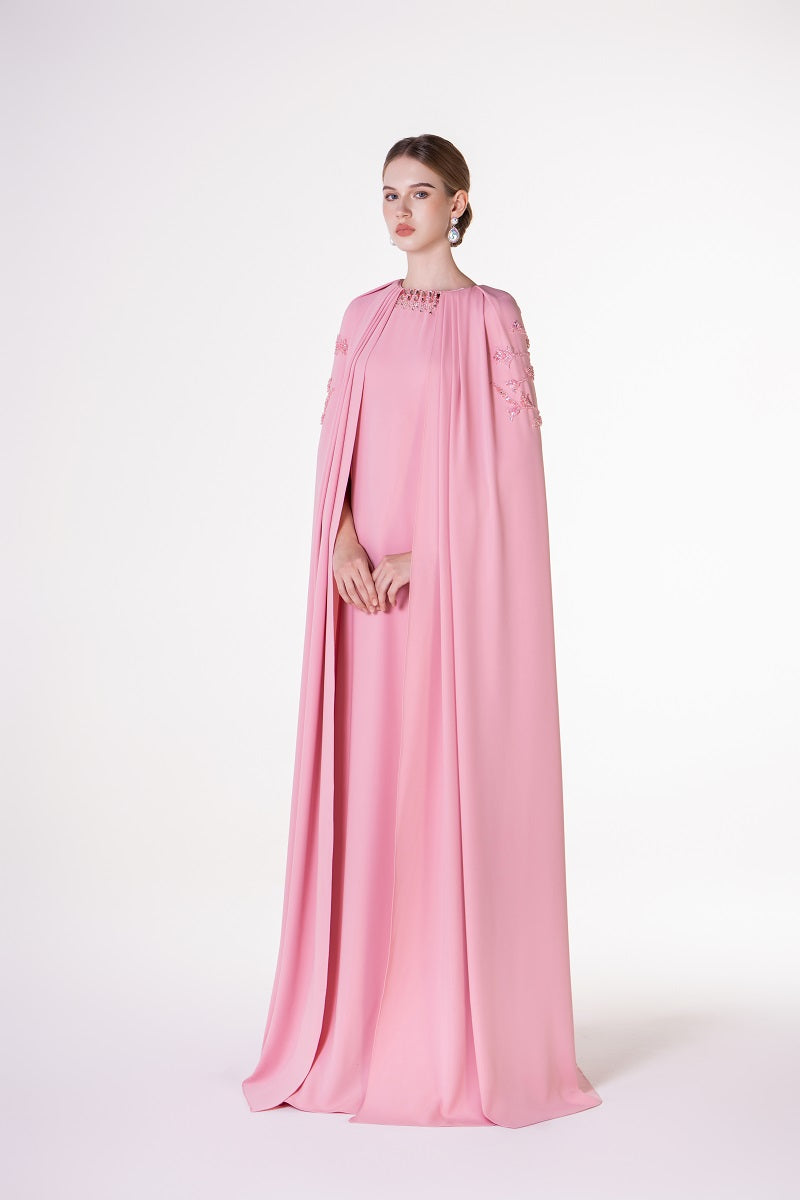 Pink velvet satin cape dress by Tracy Studio, featuring a flowing maxi dress design with elegant satin finish.