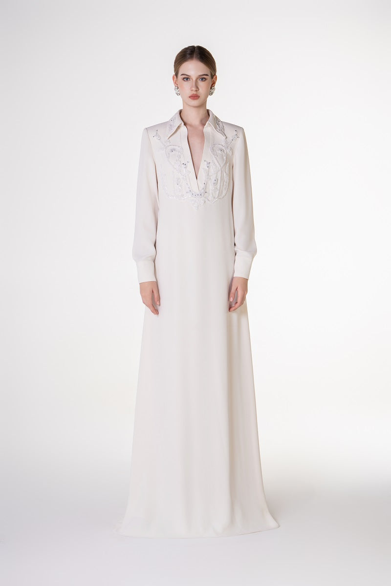 V-NECK SATIN DRESS IN WHITE