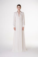 White V-neck satin maxi dress by Tracy Studio, flowing fabric with elegant design, perfect for formal occasions.