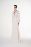 White V-neck satin maxi dress by Tracy Studio featuring a flowing silhouette and elegant design.