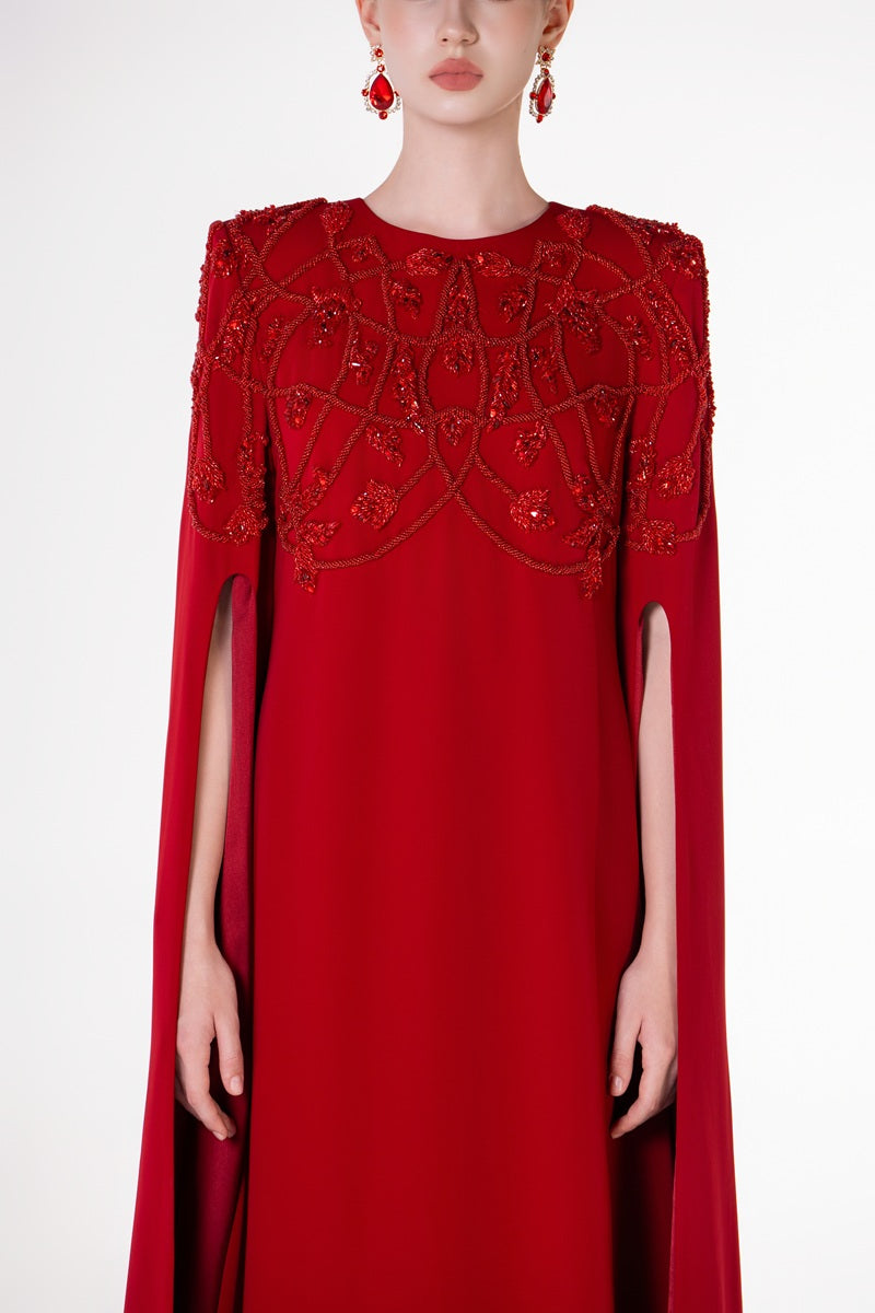Red velvet satin round neck maxi dress by Tracy Studio, featuring a flowing silhouette and elegant design.