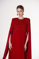 Red velvet satin round neck gown by Tracy Studio featuring a smooth, elegant fit and classic design.