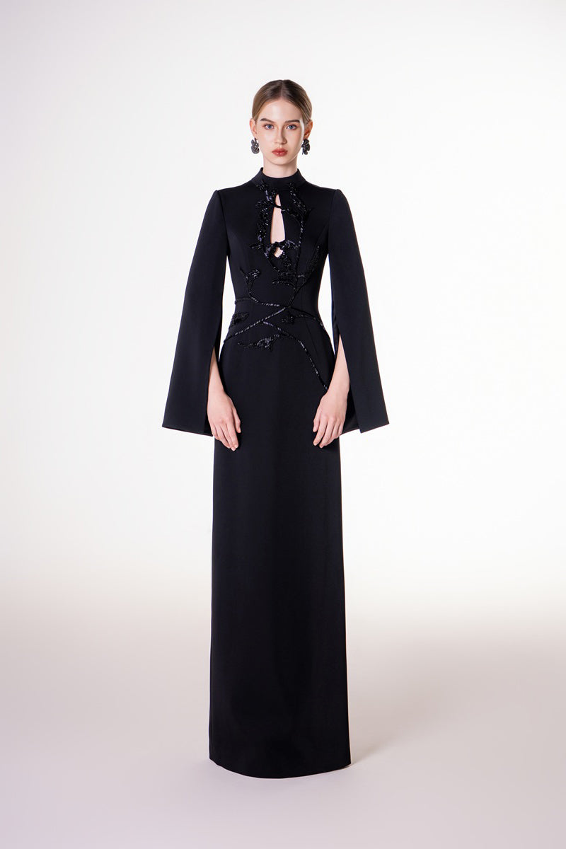 Black velvet satin maxi dress by Tracy Studio, floor-length evening gown with elegant drape and sophisticated design.