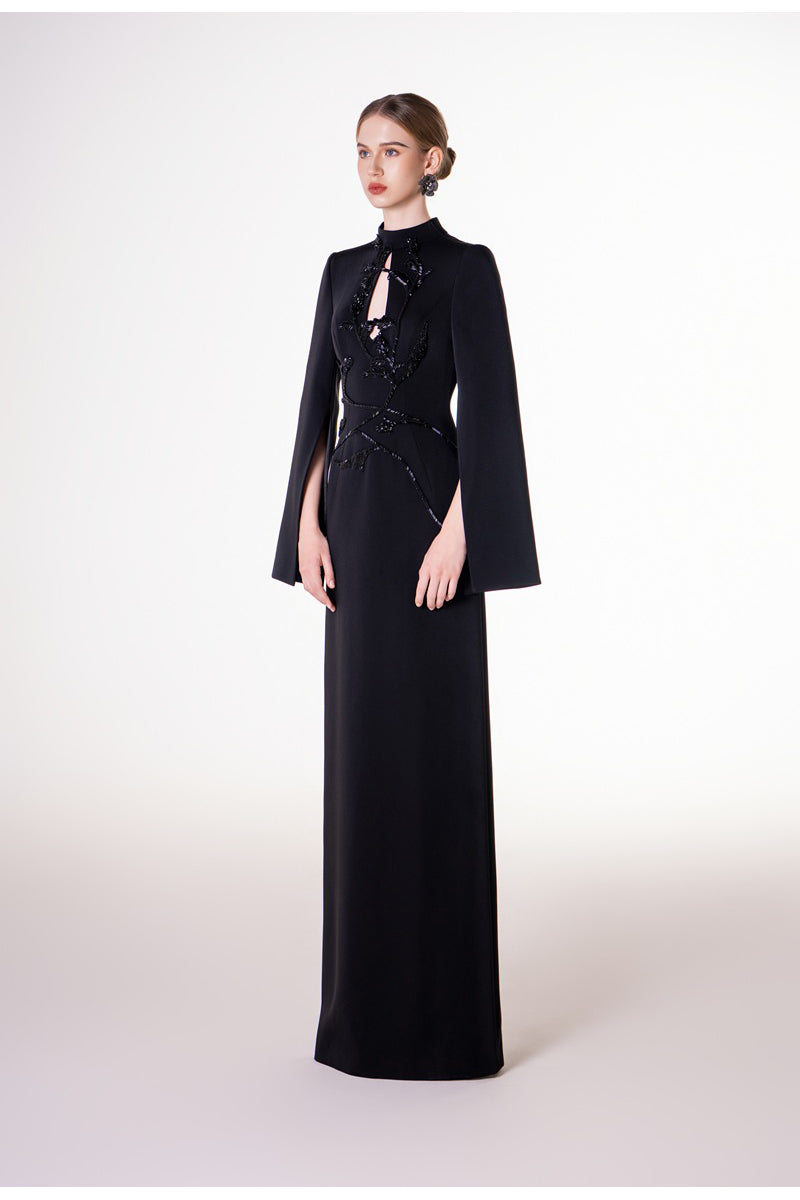 Black velvet satin floor-length maxi dress by Tracy Studio, elegant evening gown with flowing fabric and sophisticated design.