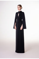 Black velvet satin floor-length gown by Tracy Studio, elegant evening dress with a flowing silhouette and sophisticated design.