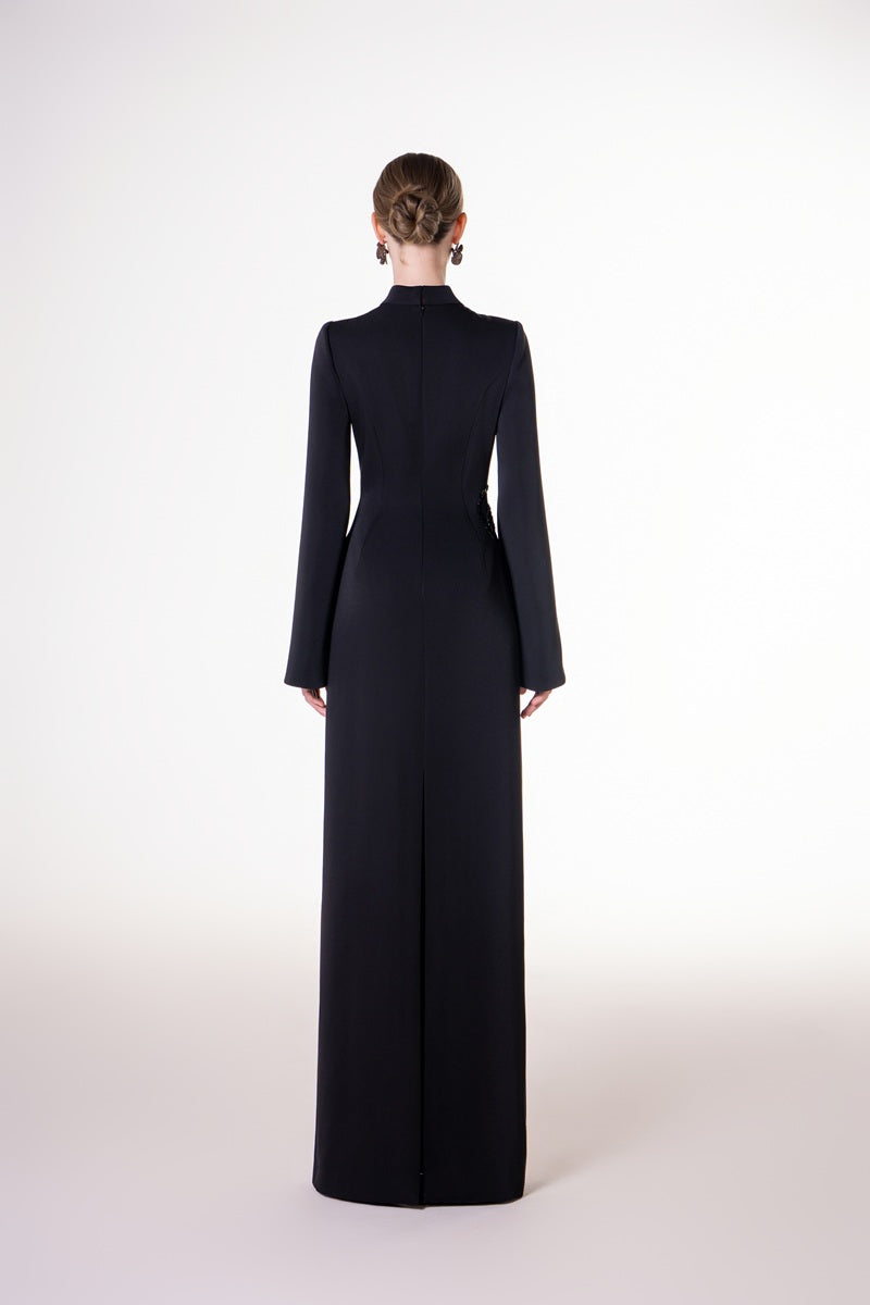 Black velvet satin floor-length maxi dress by Tracy Studio, featuring elegant fabric and flowing silhouette.