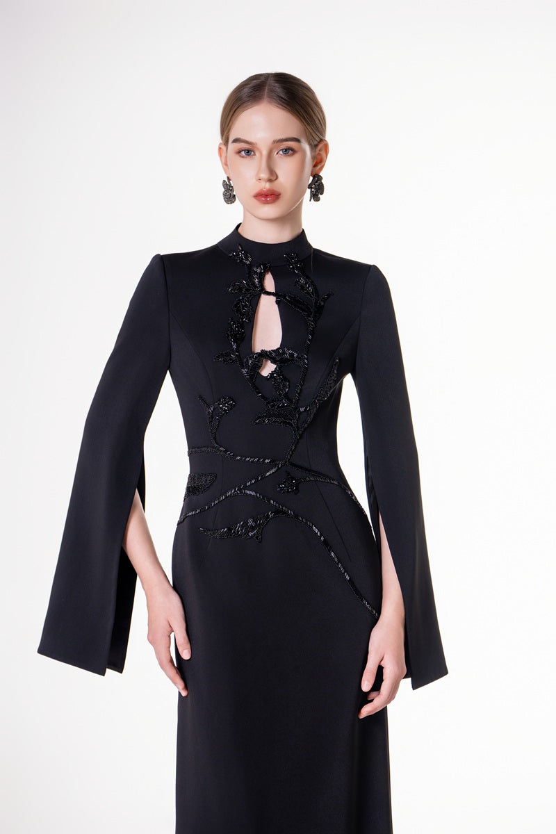 Black velvet satin floor-length maxi dress by Tracy Studio featuring a flowing silhouette and elegant design.