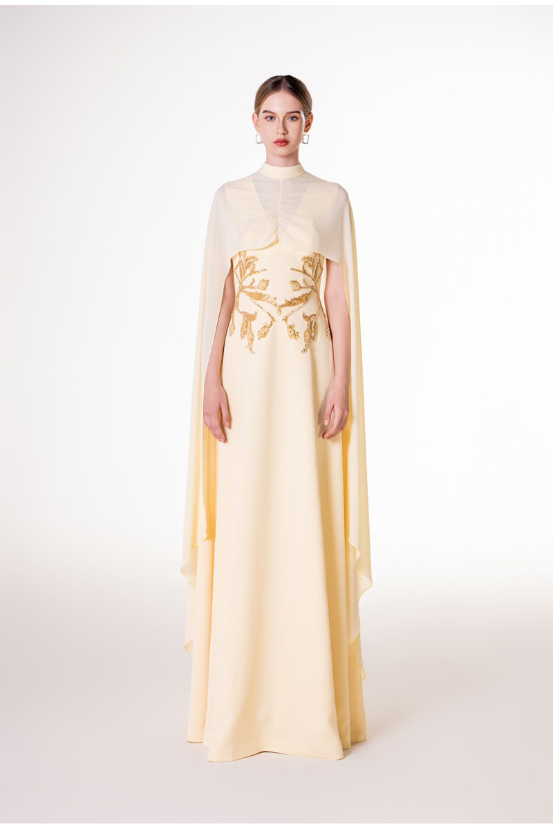 Yellow viscose maxi dress with embellished waist from Tracy Studio, featuring a matte finish and elegant design.