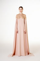 Apricot velvet satin gown by Tracy Studio, elegant long dress with smooth fabric and sophisticated design.