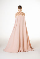 Apricot velvet satin gown by Tracy Studio, elegant and flowing dress with a flattering silhouette.