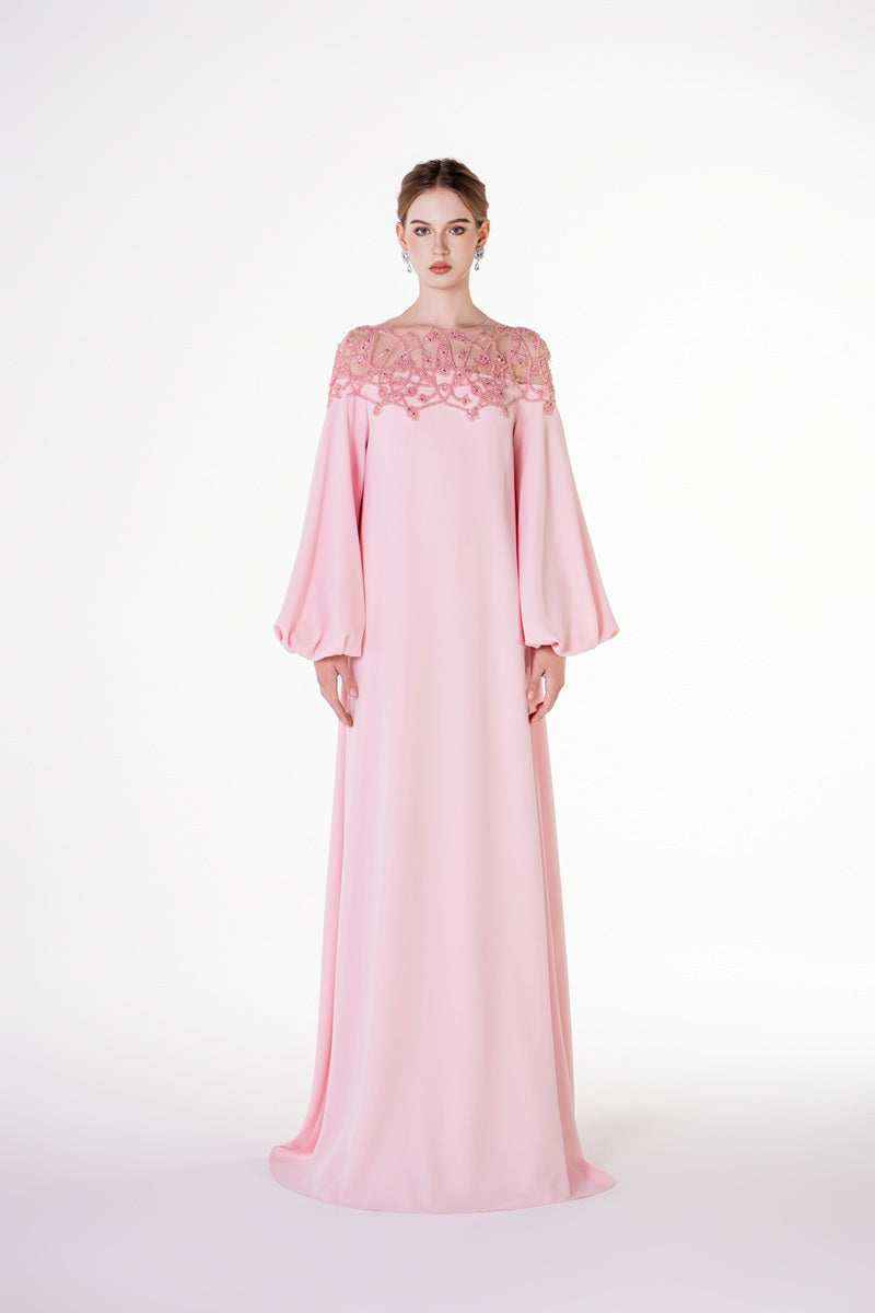 VELVET SATIN DRESS WITH PUFFY SLEEVES IN PINK | CULT MIA