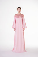 Pink velvet satin gown with puffy sleeves by Tracy Studio, elegant evening dress with a flowing silhouette.