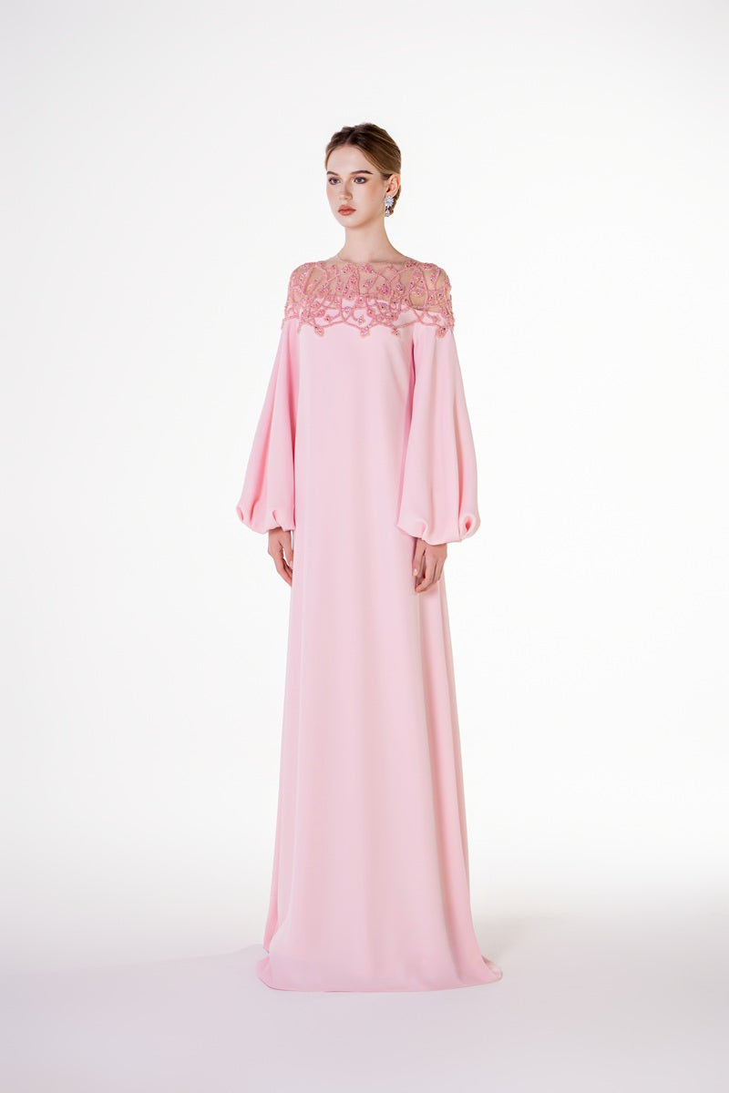 VELVET SATIN DRESS WITH PUFFY SLEEVES IN PINK | CULT MIA