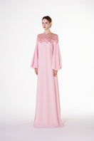 Pink velvet satin gown with puffy sleeves by Tracy Studio, elegant evening dress with a luxurious, soft fabric appearance.