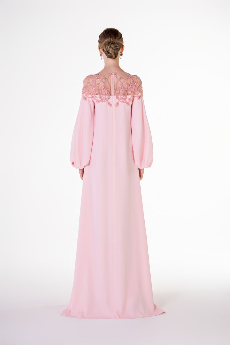 Pink velvet satin maxi dress with puffy sleeves by Tracy Studio, featuring a flowing silhouette and elegant design.