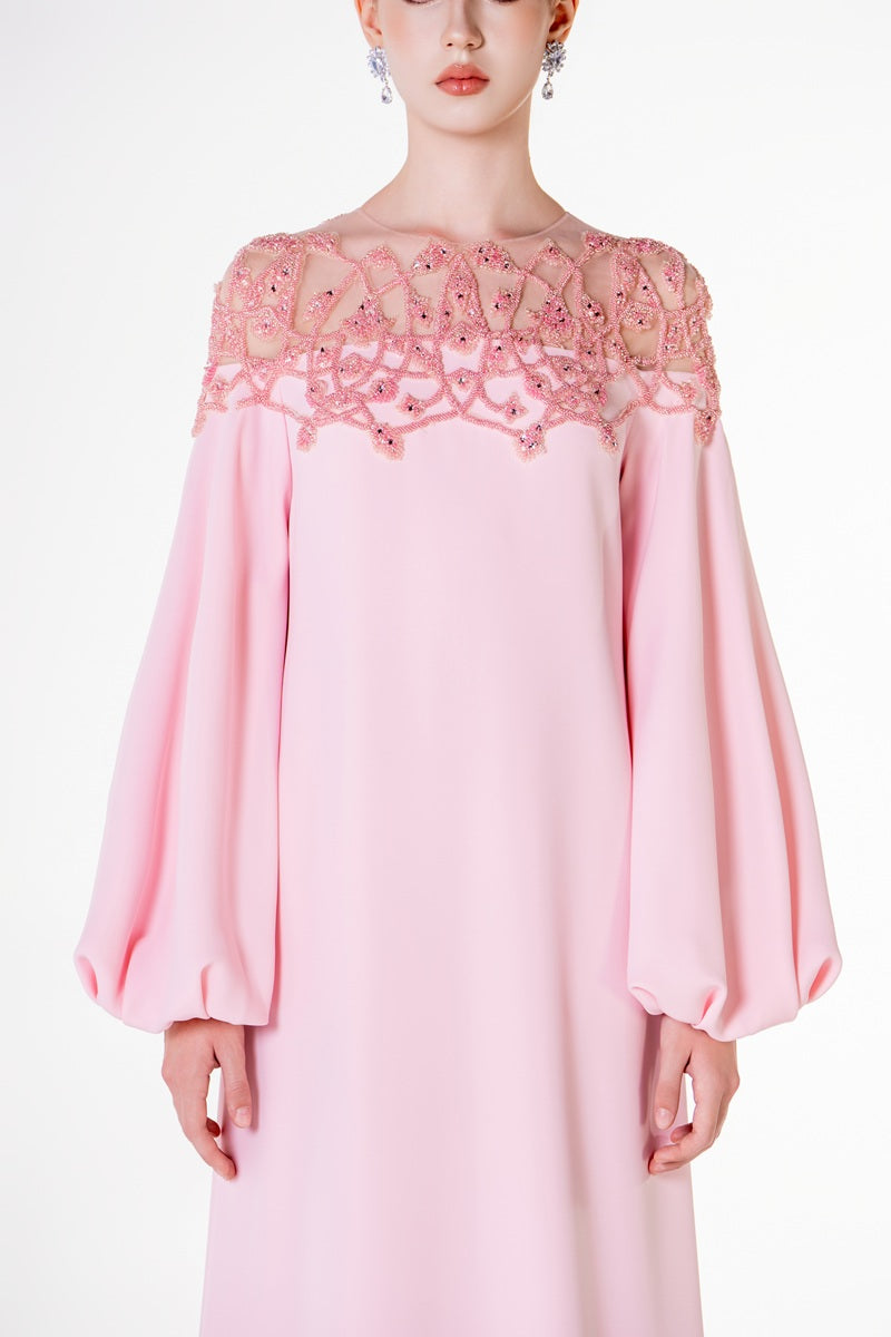 Pink velvet satin maxi dress with puffy sleeves by Tracy Studio, featuring a flowing silhouette and elegant design.