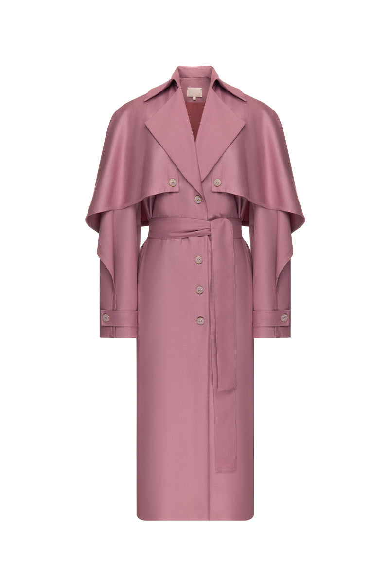 Liya purple belted trench coat with classic design, featuring a waist belt and tailored fit, shown on a hanger.