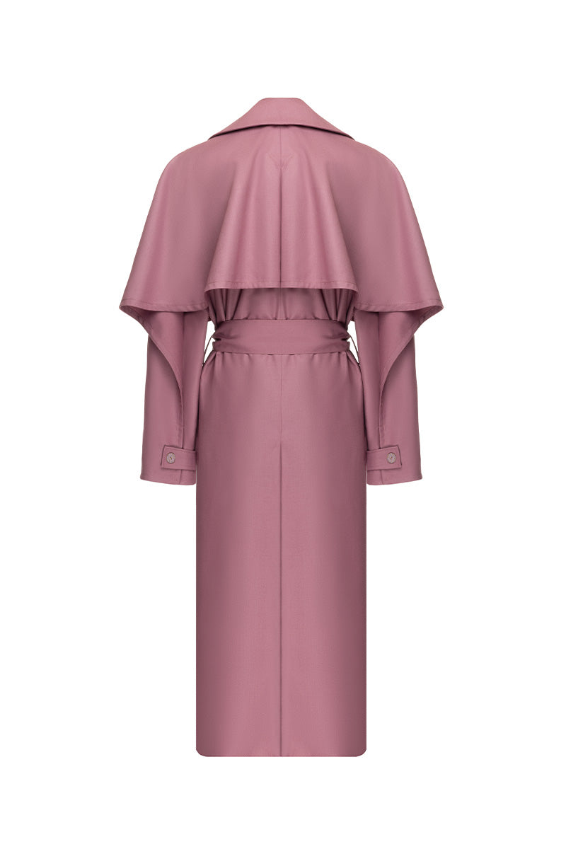 Purple belted trench coat by Liya, featuring a classic design with a waist belt, long sleeves, and stylish silhouette.