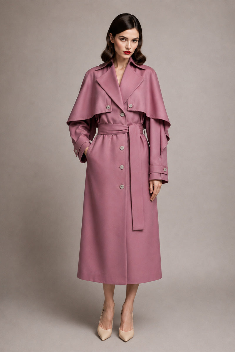 Liya purple belted trench coat displayed hanging, showcasing its stylish design and belt detail on a neutral background.