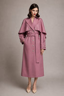 Liya purple belted trench coat displayed hanging, showcasing its stylish design and belt detail on a neutral background.