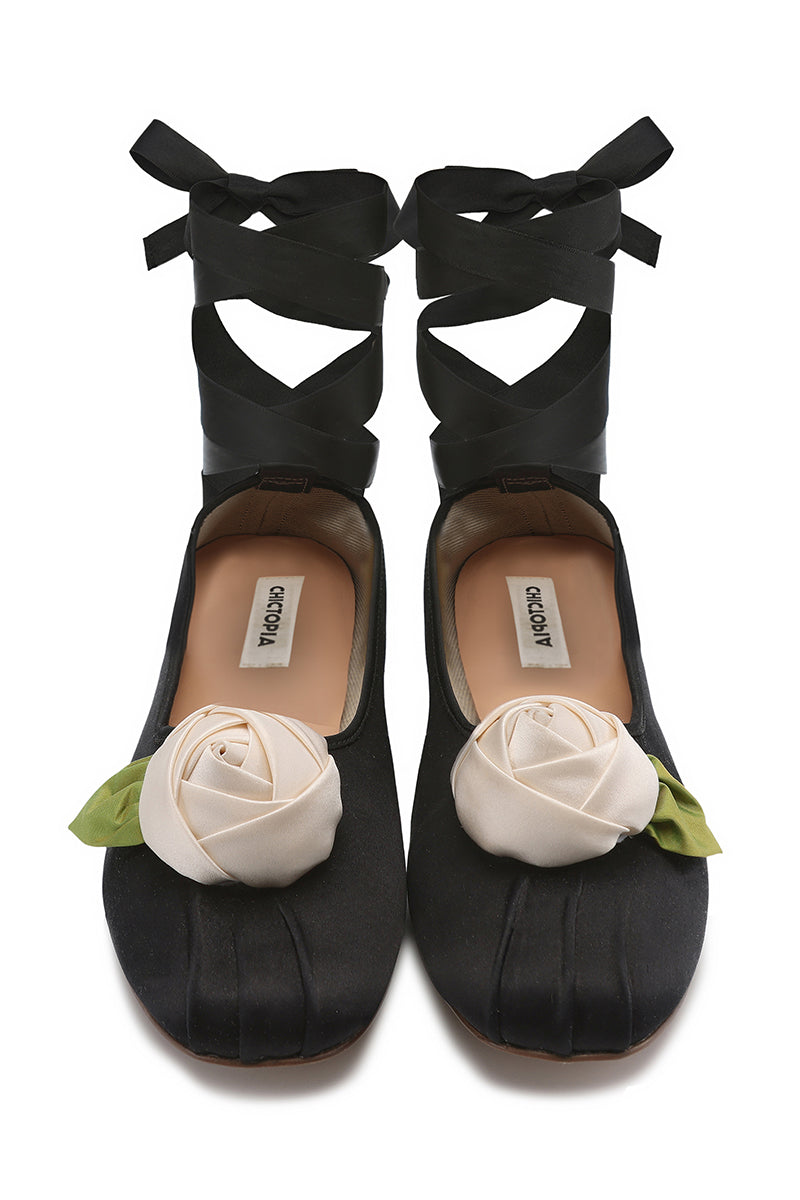 SATIN ROSE FLATS IN BLACK - CULT MIA