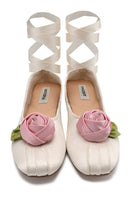 Chictopia satin rose flats in ivory, showcasing elegant slip-on footwear with a satin rose detail on the toe for stylish comfort.