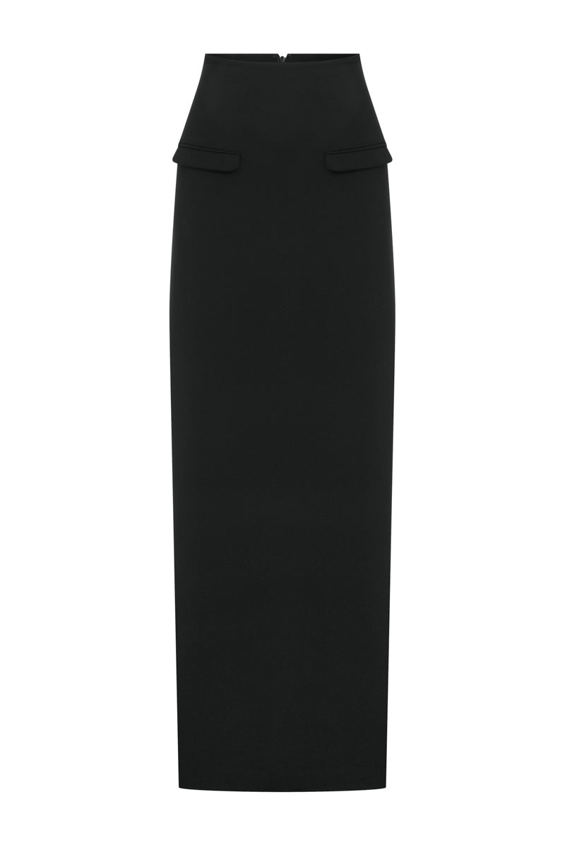 Long black maxi tube skirt from TAGG, featuring a sleek, fitted design perfect for casual or dressy occasions.