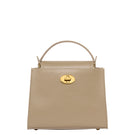 Tusting Clara taupe top handle bag with structured design and leather strap, featuring a sleek, minimalist style.