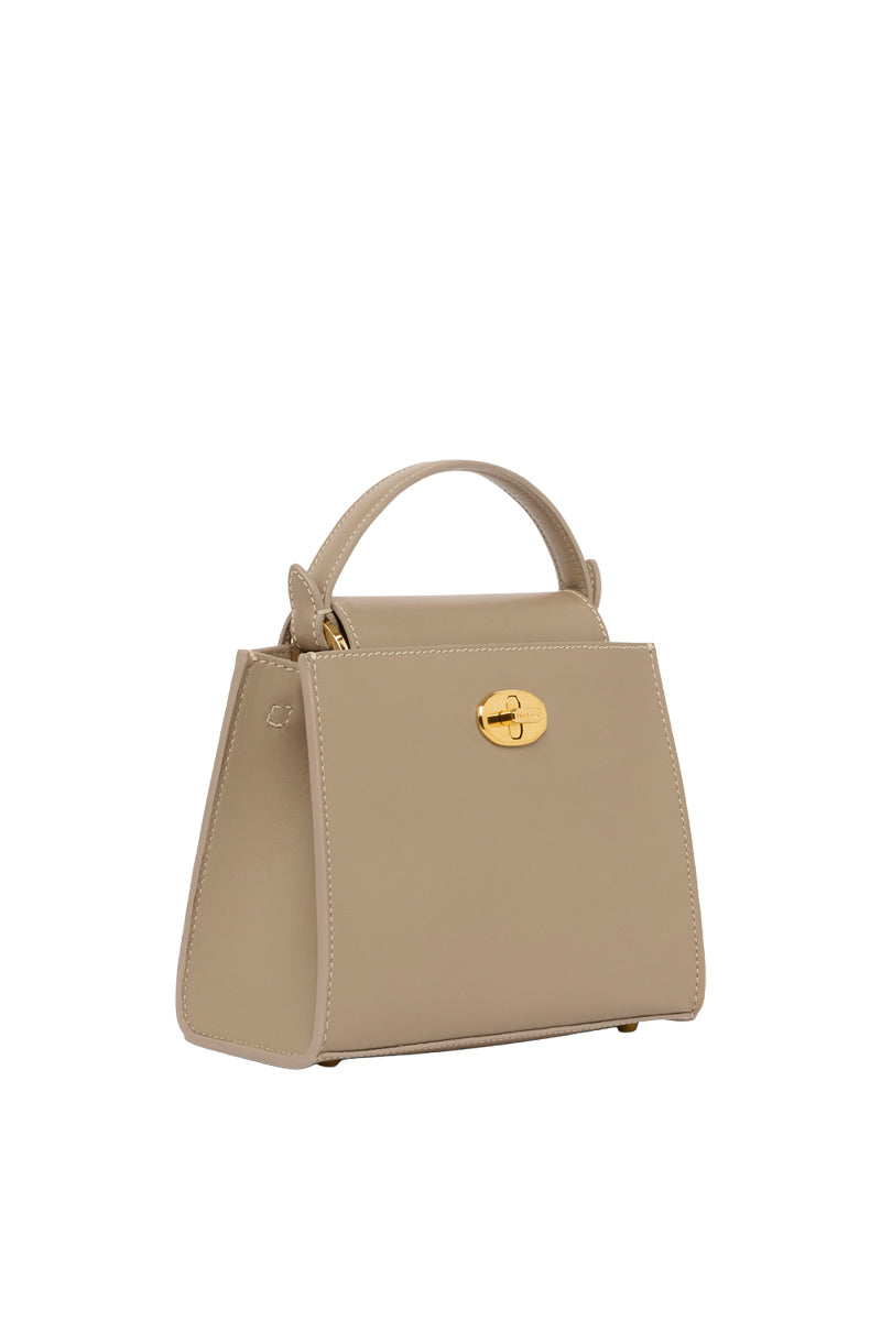 Taupe TUSTING Clara top handle bag with structured design and sleek handles, perfect for elegant everyday use.
