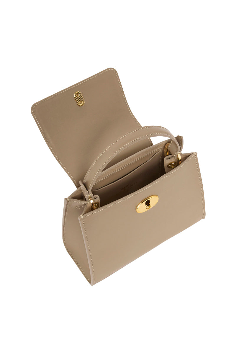 TUSTING Clara taupe top handle bag with sleek design and structured silhouette, featuring a single top handle and minimalist style.