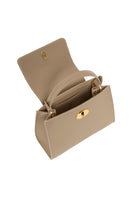 TUSTING Clara taupe top handle bag with sleek design and structured shape, featuring a gold clasp and adjustable strap.